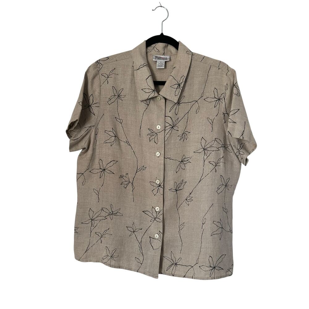 Style & Co Top Womens 14 Linen Lagenlook Button Up Floral Casual Office Wear